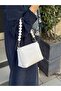 Women's White Beaded and Chain Handle Shoulder and Hand Bag Stylish Design Baguette Handbag - 3
