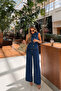 Gold buttoned dominant collar denim vest and wide leg trouser set 10362 - 2