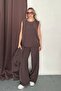 Women's Brown Soft Textured Shirt Blouse Palazzo Trousers Triple Woven Set - 2