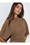 Brown Solid Knit Short Sleeve High Neck Top