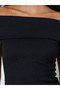 Black Solid Off-Shoulder Ribbed Knit Top - 4