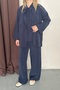 Women's Navy Blue Soft Textured Shirt Blouse Palazzo Trousers Triple Woven Set - 5