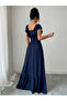 Navy Blue Maxi Dress with Ruffle Sleeves and Shirred Waist - 2