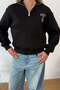 Women's Half Zipper Embroidered 3-Thread Sweatshirt Black - 2664 - 2