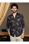 Men Midnight Black Stamped-Foliage Shirt - 2