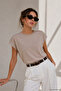 Women's Light Brown Viscose Short Sleeve Blouse with Pearl Accessories