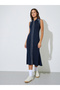Navy Blue Solid Contrast Trims Collared T-Shirt Midi Dress - 3