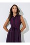 Burgundy Embroidered Belted Waist Shirt Midi Dress - 2