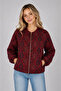 Women's Red Ethnic Patterned Bohemian Bomber Waist Length Jacket Zippered Lined Cashmere Short Coat - 3