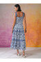 Navy Blue Floral Print Square Neck Midi Dress - 2