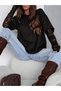 Black Round Neck Long Sleeve T-Shirt with Lace Detail - 3
