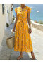 Yellow Floral A-Line Midi Dress with Short Sleeves - 8