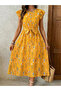 Yellow Floral A-Line Midi Dress with Short Sleeves - 2