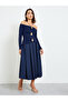 Navy Blue Embellished A-Line Midi Dress with Off-Shoulder Long Sleeves