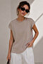Women's Light Brown Viscose Short Sleeve Blouse with Pearl Accessories - 5