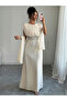 Beige A-Line Maxi Dress with Embellished Waist - 3