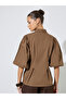 Brown Solid Puff Sleeves Peplum Shirt with Gathered Details - 5