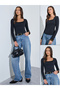 Pack of 2 - Black Square Neck Long Sleeves Knit T-Shirt