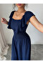 Navy Blue Maxi Dress with Ruffle Sleeves and Shirred Waist - 4