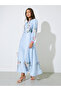 Light Blue Floral Print Notch Neck A-Line Maxi Dress - 3