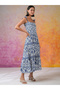 Navy Blue Floral Print Square Neck Midi Dress - 5
