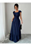 Navy Blue Maxi Dress with Ruffle Sleeves and Shirred Waist - 5