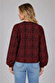 Women's Red Ethnic Patterned Bohemian Bomber Waist Length Jacket Zippered Lined Cashmere Short Coat - 4