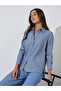 navy Blue Striped Side Slit Long Sleeves Shirt