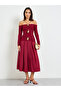 Burgundy Embellished A-Line Midi Dress with Off-Shoulder Long Sleeves - 3