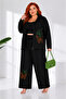 Plus Size Butterfly Embroidered Stone Detailed Hooded Zipper Pocket Relaxed Fit Women's Top and Bottom Two-Piece Set - 5