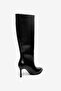 Black Shiny Thin High Heeled Boots with Middle Stitching Detail - 3