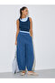 Navy Blue Textured Wide Leg Pleated Tapered Pants - 2