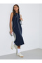 Navy Blue Solid Contrast Trims Collared T-Shirt Midi Dress