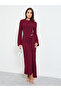 Burgundy Solid Midi Dress with Long Sleeves and Ruffle Detail