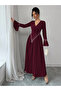 Burgundy Embellished Pleated Long Sleeve A-Line Maxi Dress - 3