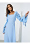 Blue Solid Square Neck Balloon Sleeves A-Line Maxi Dress