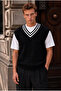 Oxford Relaxed Fit Stripe Collar Braided V-Neck Men's Knitwear Sweater - Black