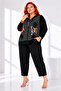 Plus Size Hooded Zippered Striped Print Detailed Pocketed Elastic Cuffed Women's Top and Bottom Two-Piece Set