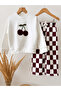 Girl's Top Cherry Embroidery Printed Bottom Checkerboard Patterned 3 Thread Fabric Bottom Top Tracksuit Set - 2