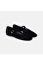 Women's Black Adjustable Buckle Stoned T-Strap Suede Ballerinas