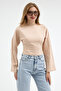 Women's Basic Wide Sleeve Beige Crop Blouse - 3