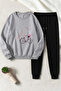 Unisex Bonjour Paris Design Printed Crew Neck Sweatshirt - 2-Piece Tracksuit Set