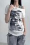 White Vintage Lost Shoulder Low-Cut Y2K Short Sleeve Off-Shoulder T-Shirt