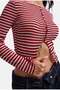 Women's Red Striped W6-19 Slim Front Buttoned Stretch Fabric Knitwear - 7