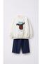 Boy's Top Ecru Deer Embroidery Detailed Bottom Striped 3 Thread Fabric Bottom Top Tracksuit Set - 2
