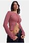 Women's Red Striped W6-19 Slim Front Buttoned Stretch Fabric Knitwear