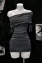 Anthracite Black Striped Off-Shoulder Short Sleeve Bodycon Dress