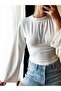 Women's White Long Sleeve Knitted Scuba Blouse with Drawstring Detail - 4