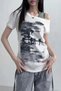 White Vintage Lost Shoulder Low-Cut Y2K Short Sleeve Off-Shoulder T-Shirt - 3