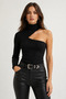 Women's Black Turtleneck Single Sleeve Asymmetrical Low-Cut Slim Fit Blouse